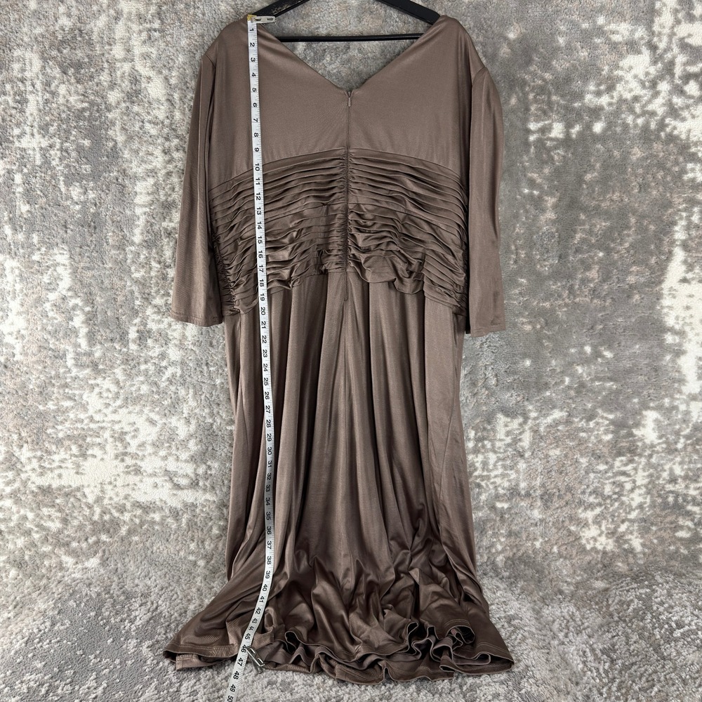 Tadashi Shoji Size 14 Ruched Pleated V-Neck Gown Formal Dress Brown 3/4 Sleeve - Picture 2 of 6
